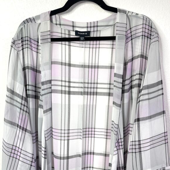 Torrid Sheer White and Lavendar Plaid Kimono Duster 3X/4X - Picture 5 of 12